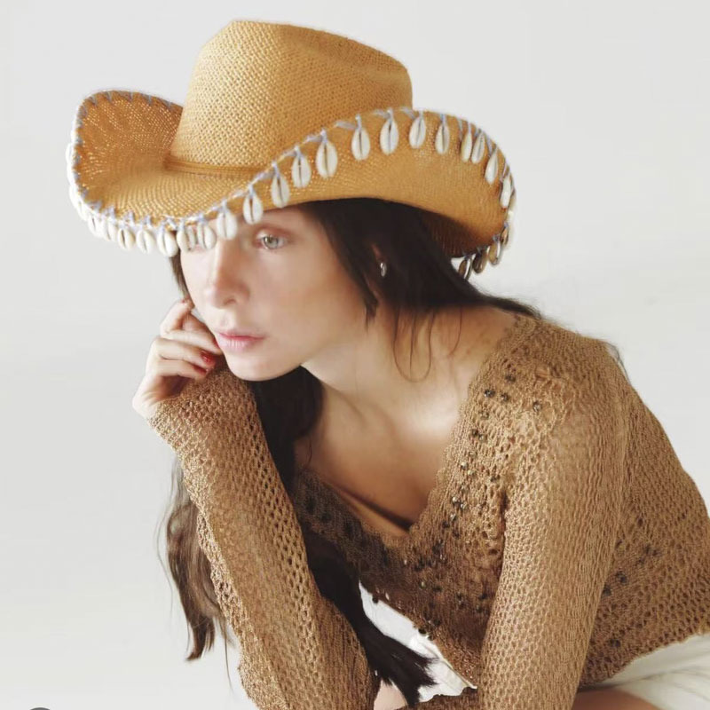 Cowboy Hat Straw - Strandhoed met schelpdecoratie, handgeweven raffia zomerhoed,